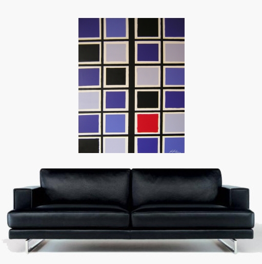 Ein Kunstbild von Pete Schroeder auf dem viele Quadrate nebeneinander geordnet sind. Mit den Farben lila, rot, schwarz, Helles lila und dunkles lila und war es. Aus dem Jahre 2006