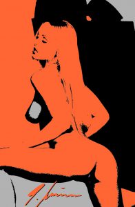 Ein Kunstbild von Pete Schroeder zeigt eine Frau In der Stilrichtung Pop-Art gemalt in den Farben orange, Schwarz und grau...