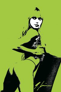 Ein Kunstbild von Pete Schroeder zeigt eine Frau In der Stilrichtung Pop-Art gemalt in den Farben Grün, weiß und schwarz